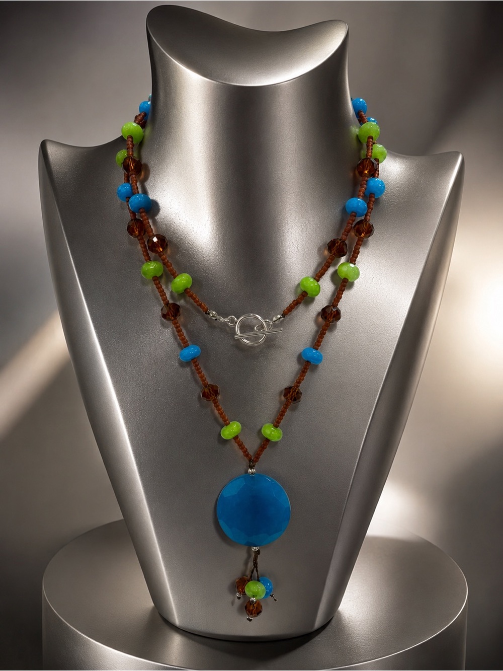 🆕😍Handmade Cerilean Blue AgateGreen & Brown Beaded Pendant Necklace
